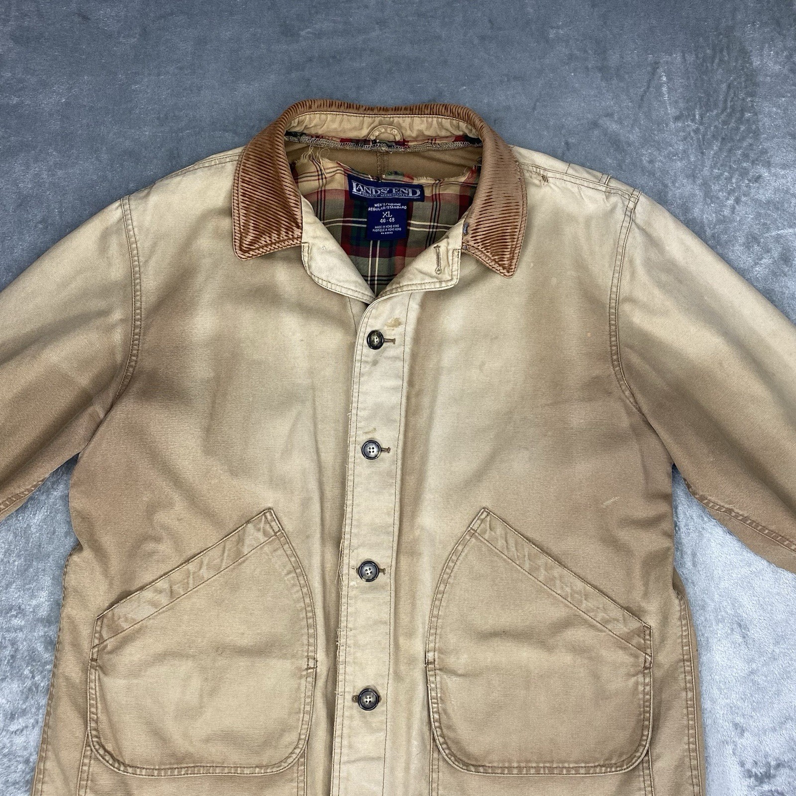 Vtg Lands End Jacket Mens Sz XL Tan Field Barn Chore Coat Corduroy Thrashed Fade