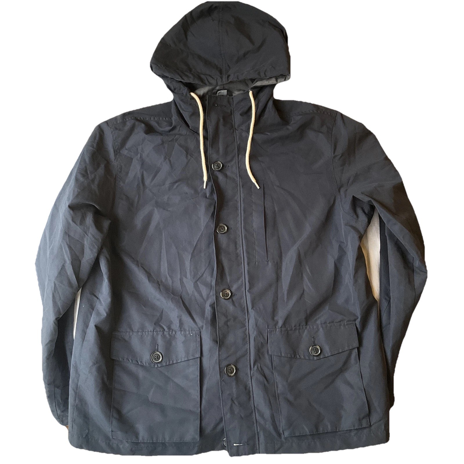 Old Navy Men Jacket XL Blue Rain Jacket Button Drawstring Long Sleeve Full Zip
