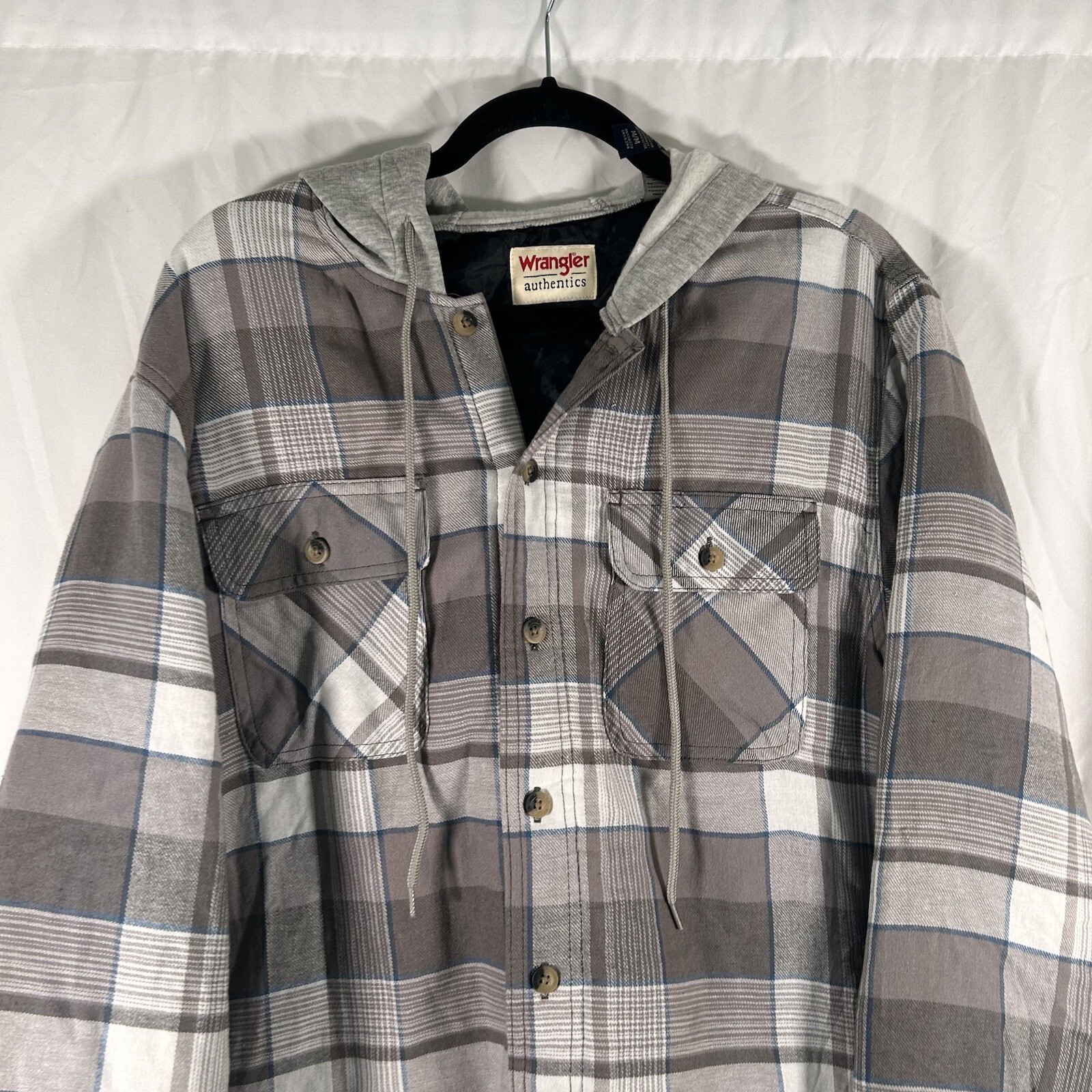 Wrangler Jacket Men’s Large Medium Grey Plaid Button Up Hooded Drawstring