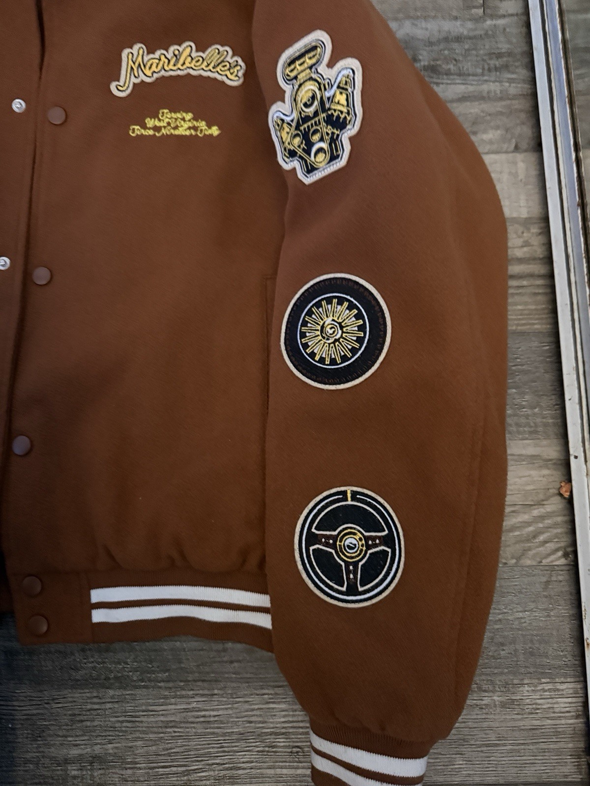 CIRCOLO 1901 Brown Varsity Jacket Snap/Button Front West Virginia Patches MEDIUM