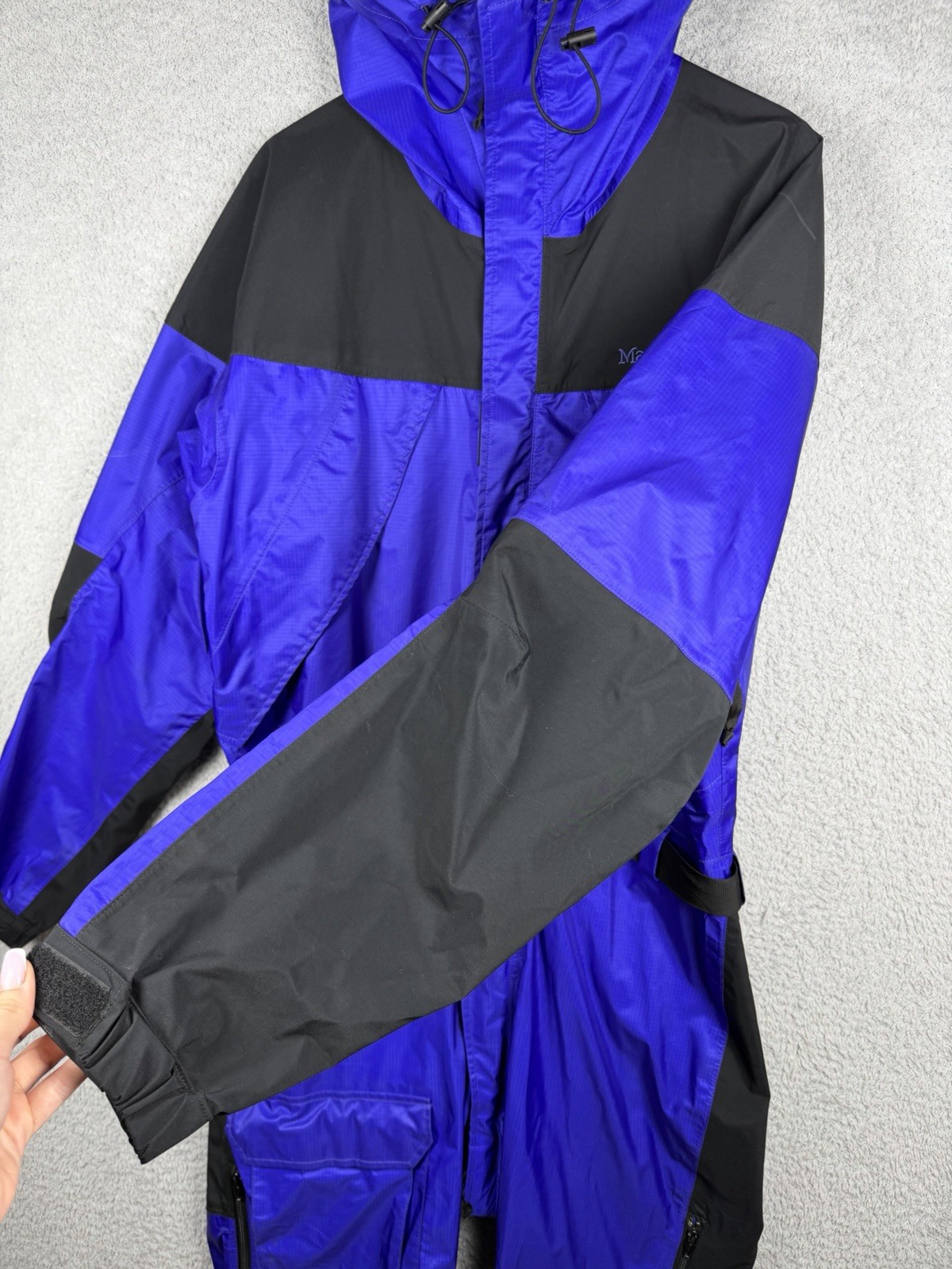 Marmot GTX Purple Black Hooded Men’s Sz M 1 Piece Windbreaker Belted Suit