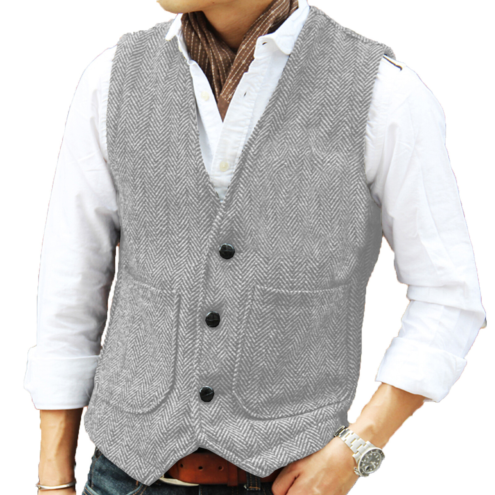Hunting Classic Men Vintage Tweed Vest Herringbone Waistcoats Wedding Retro Wool