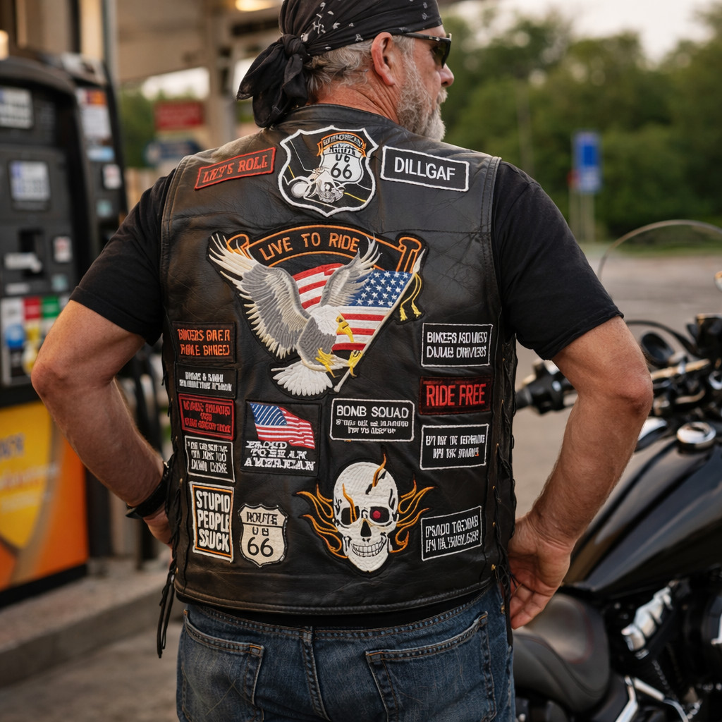 Bikers Vest with Patches Buffalo Leather Motorcycle Live To Ride Sturgis Fave