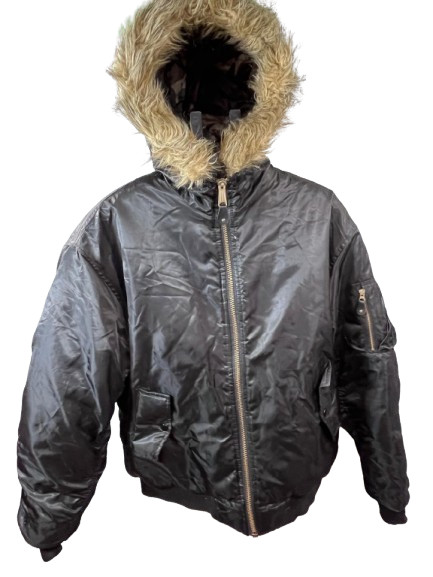 Mens Black Bomber Jacket Faux Fur Hood Quilted Camo Lining Size XL