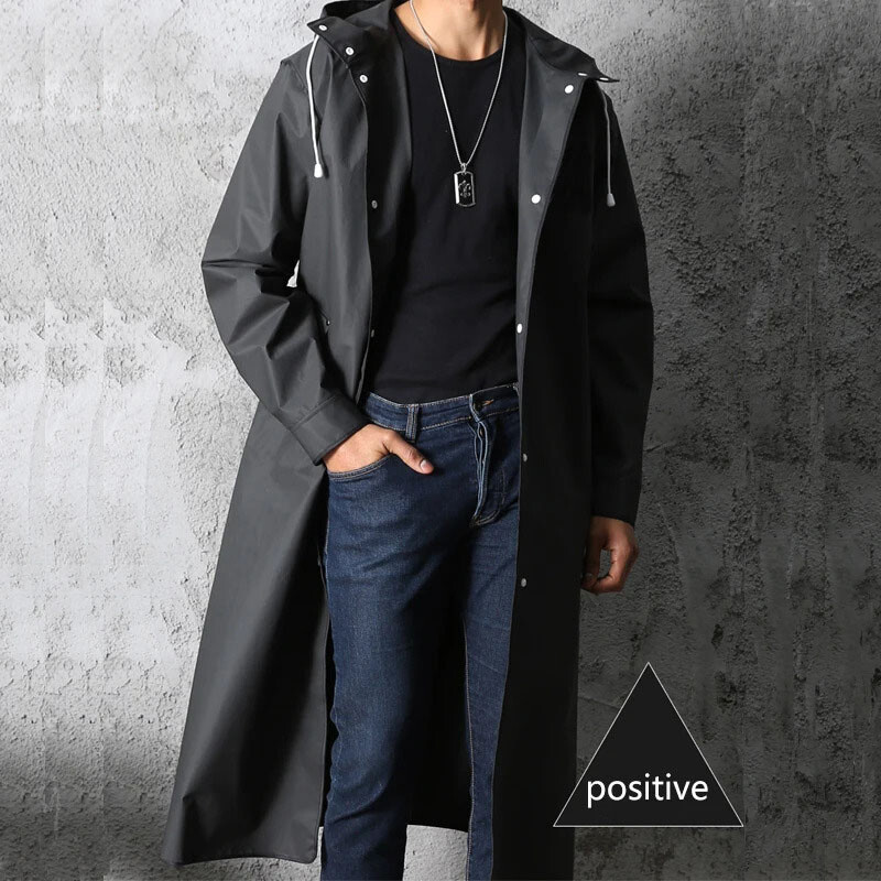 Men Black Waterproof Long Raincoat Rain Coat Hooded Trench Jacket Outdoor Hiking
