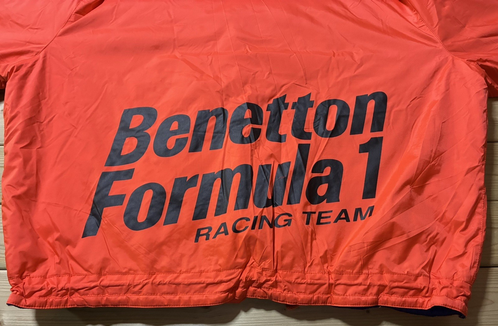 Benetton Formula 1 Racing Team Nylon Jacket Size 48 Japanese XL Orange Blue Vtg