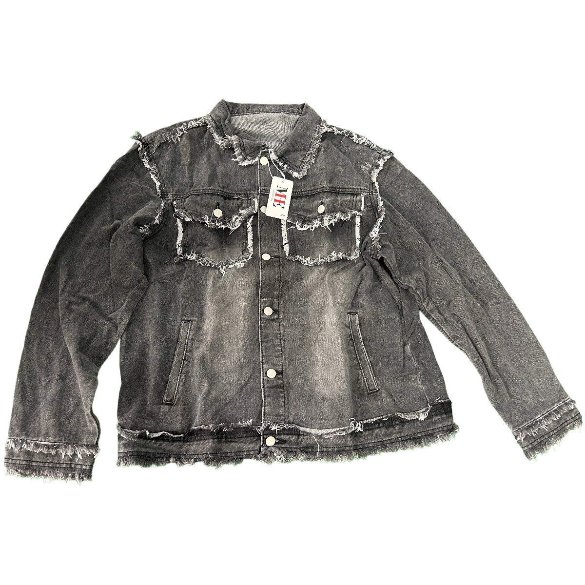 Men Black Washed Denim Jacket Frayed Ripped Distressed Trucker Coat