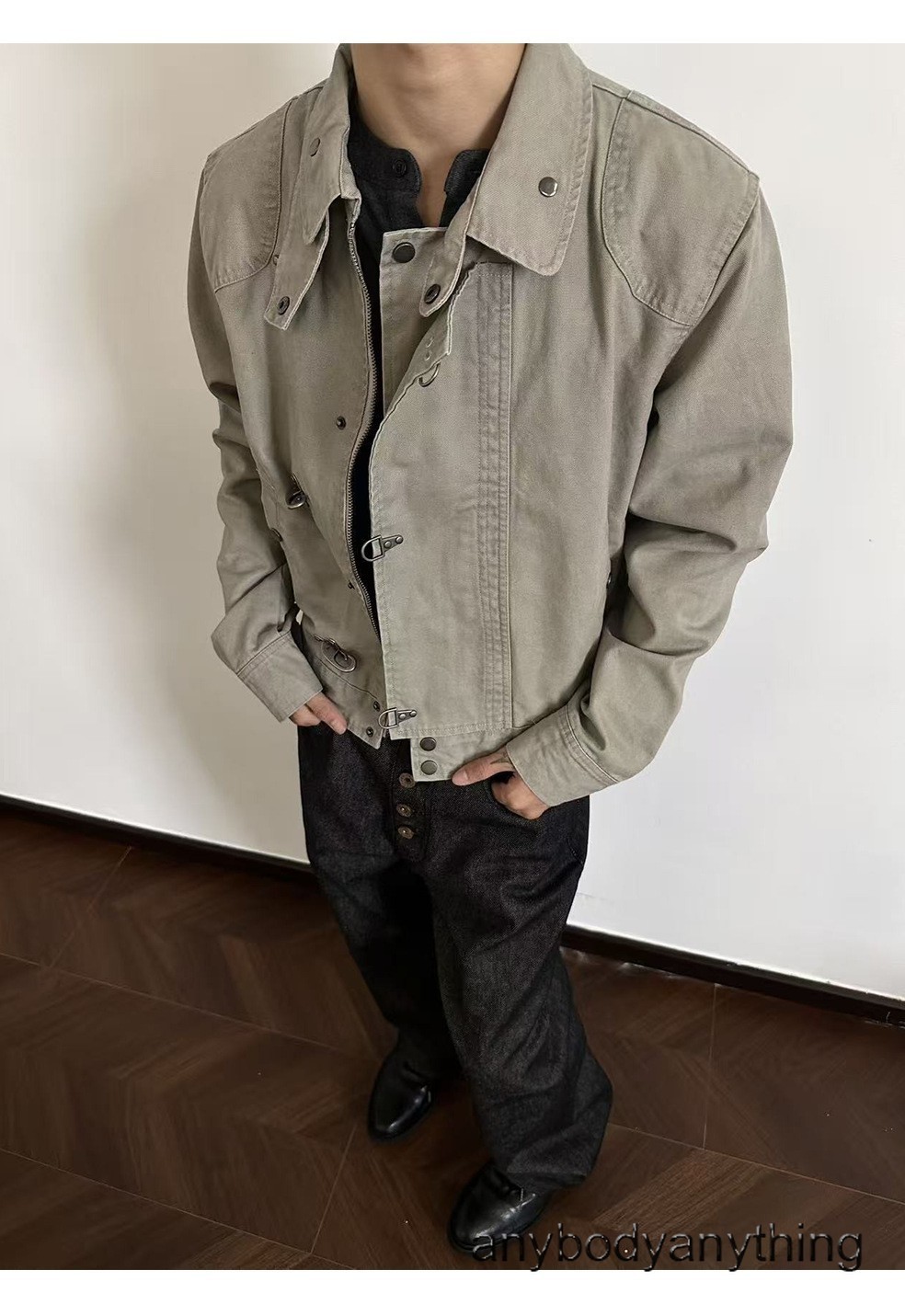 Mens Buckle Jacket Stand Collar Coton Workwear Jacket Long Sleeve Short Jackets