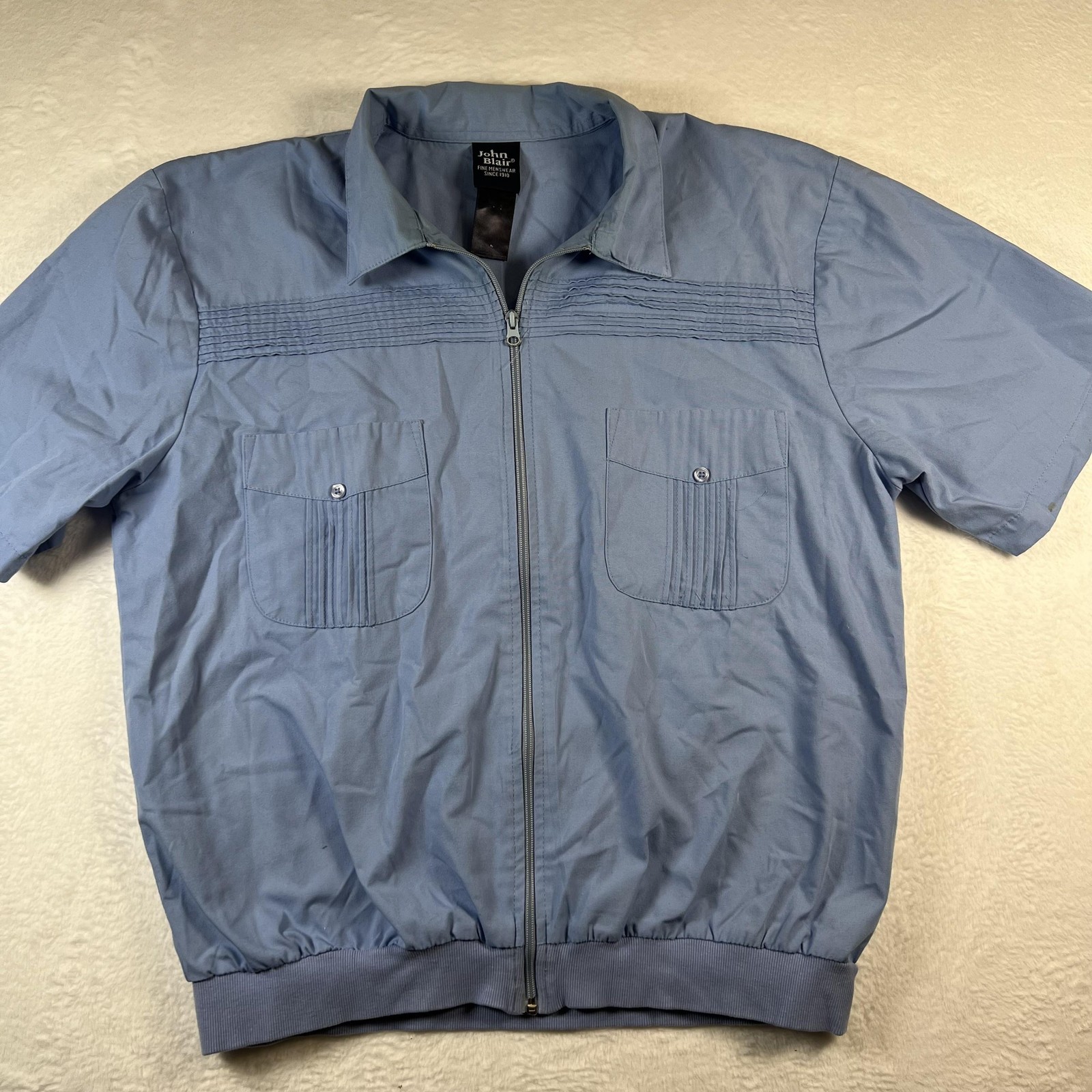 John Blair Vintage Jacket Mens XL Blue Short Sleeve Zip Front Harrington Style