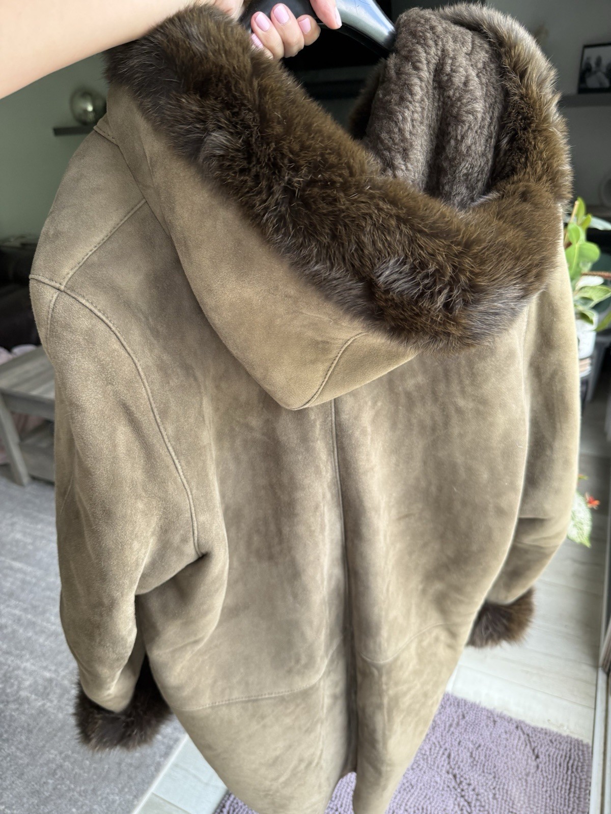 Brown Fur Trim Hooded Lined Coat Button Closure Unisex Adults Regular XL