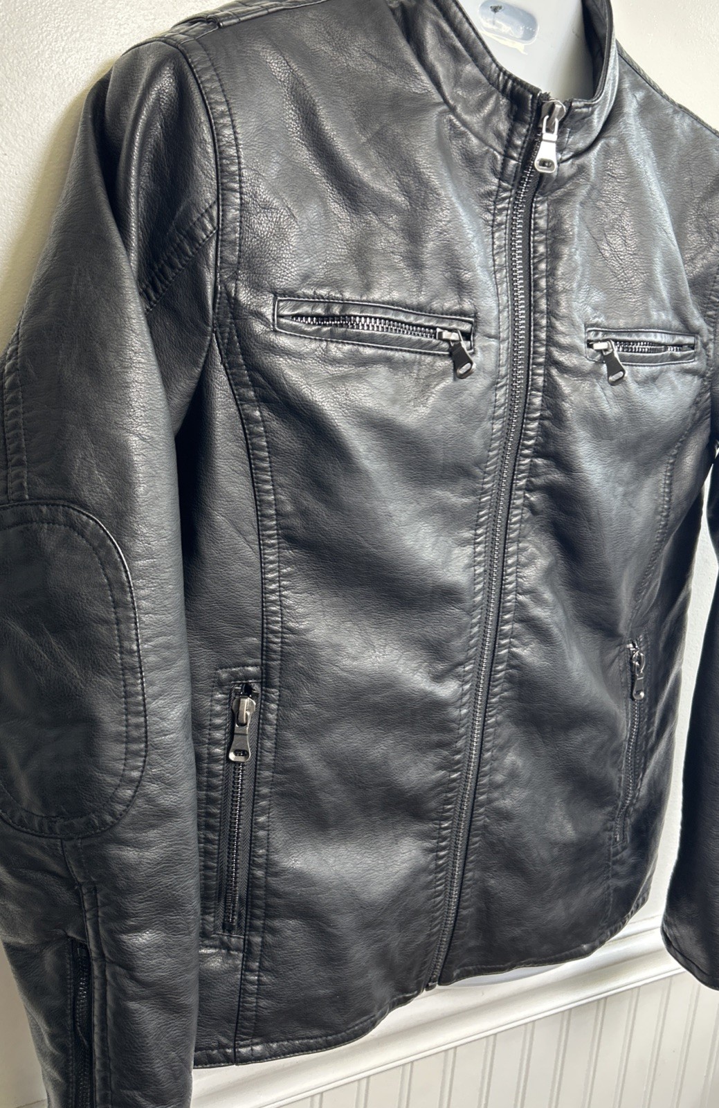 Men’s Vegan Leather Zip Motorcycle Jacket M Black Quilted Moch Neck Jos A Bank