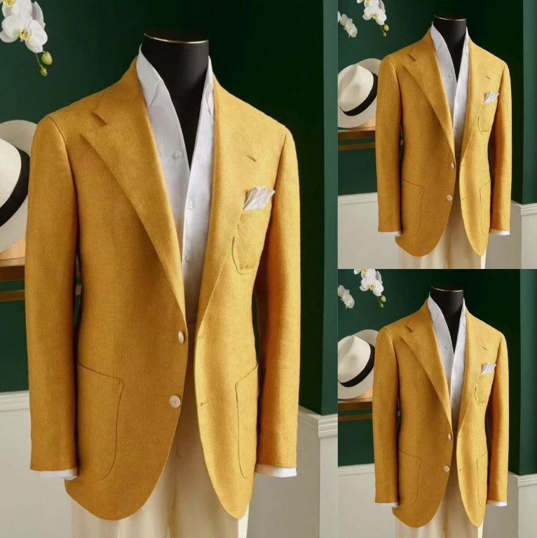 Linen 2 Pieces Men’s Suits Yellow Summer Wedding Party Blazer Business Jacket