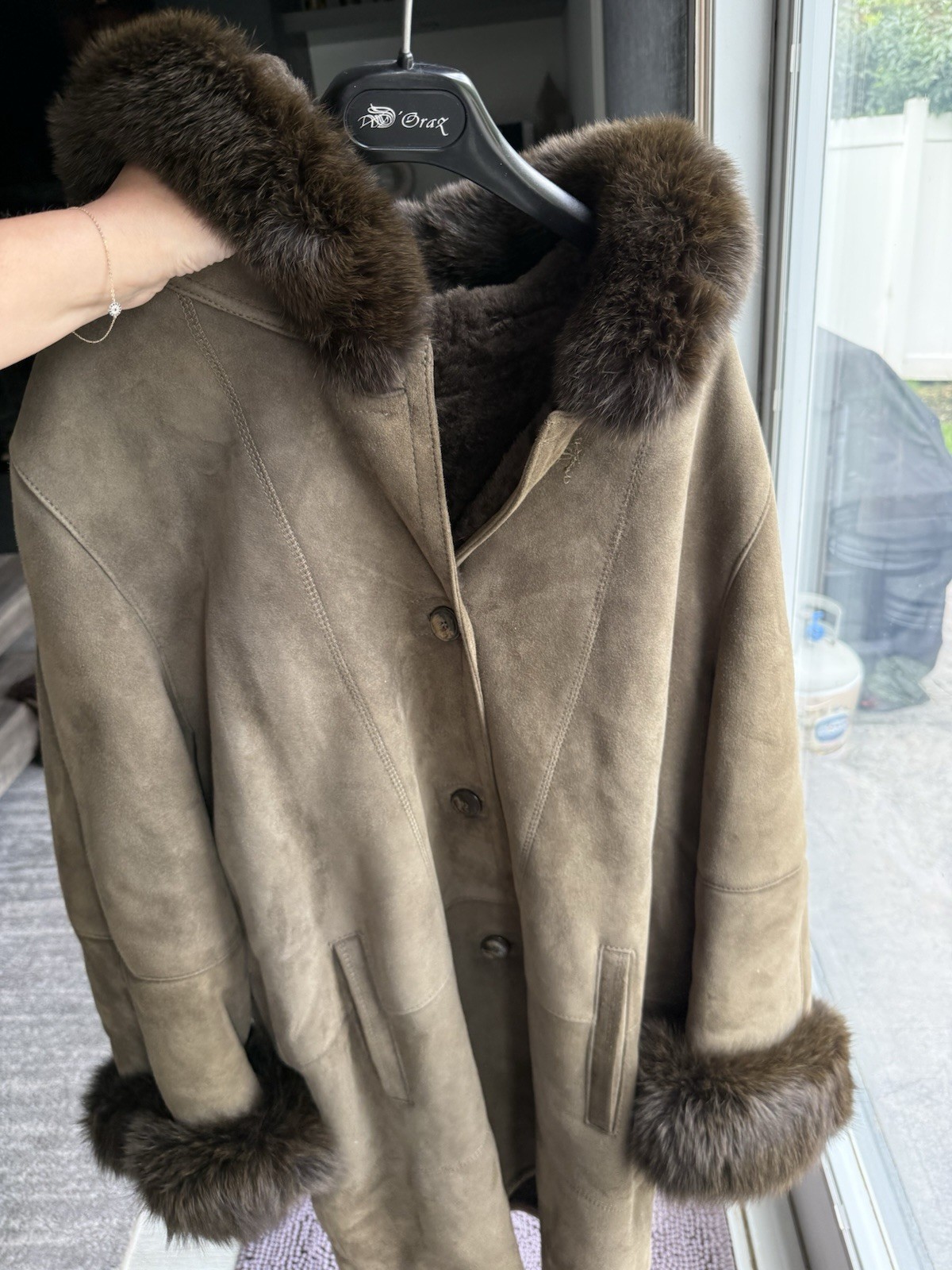 Brown Fur Trim Hooded Lined Coat Button Closure Unisex Adults Regular XL
