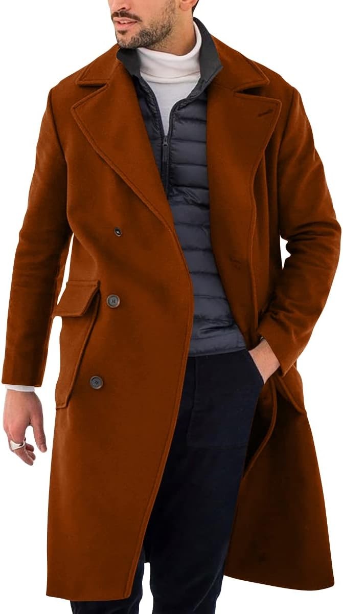 Mens Double Breasted Trench Coat Slim Fit Lapel Collar Long Winter Overcoat