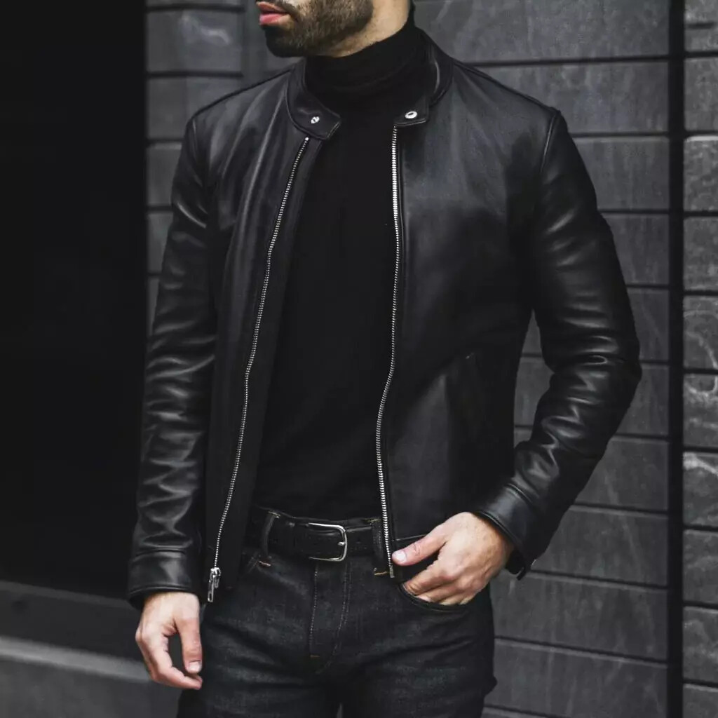 Black Racer Leather Jacket Men lambskin simple soft silk pure natural 0 shirt