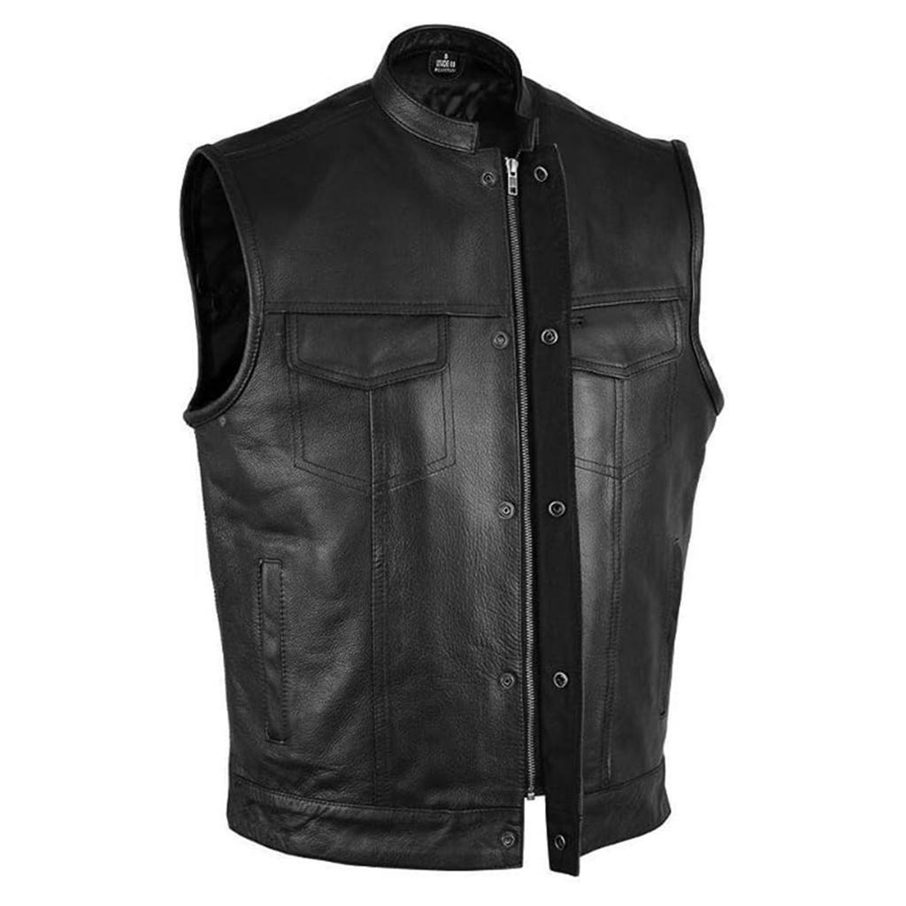 SOA Men’s Motorcycle Club Leather Vest Concealed Carry Arms Solid Back