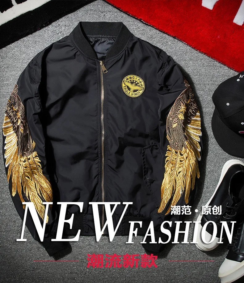 Luxury Men’s Eagle Wings Embroidery Bomber Jacket Hip Hop Streetwear Pilot Coat