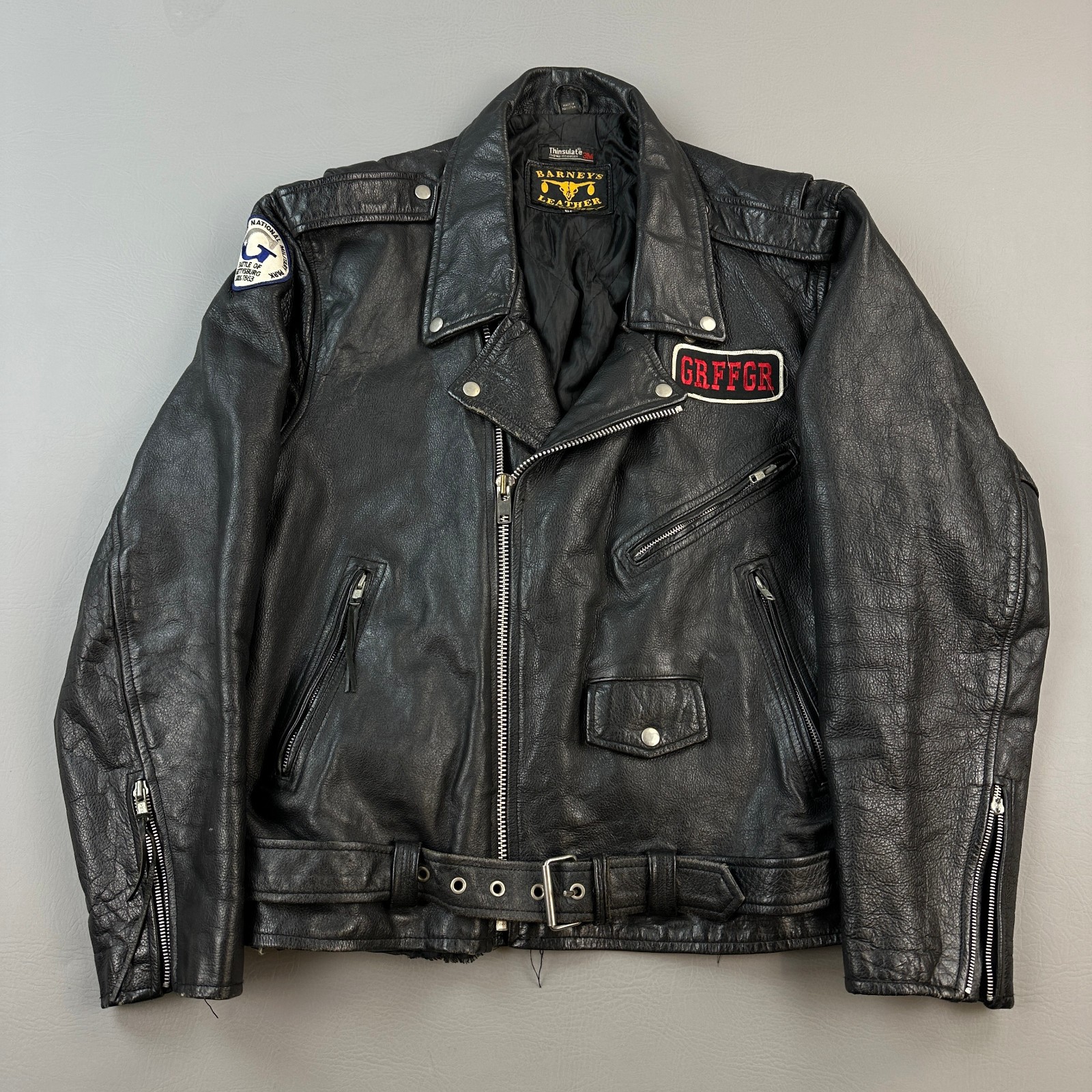 Vintage Barneys Moto Jacket Mens 50 Black Leather Biker Patches Thinsulate 80s