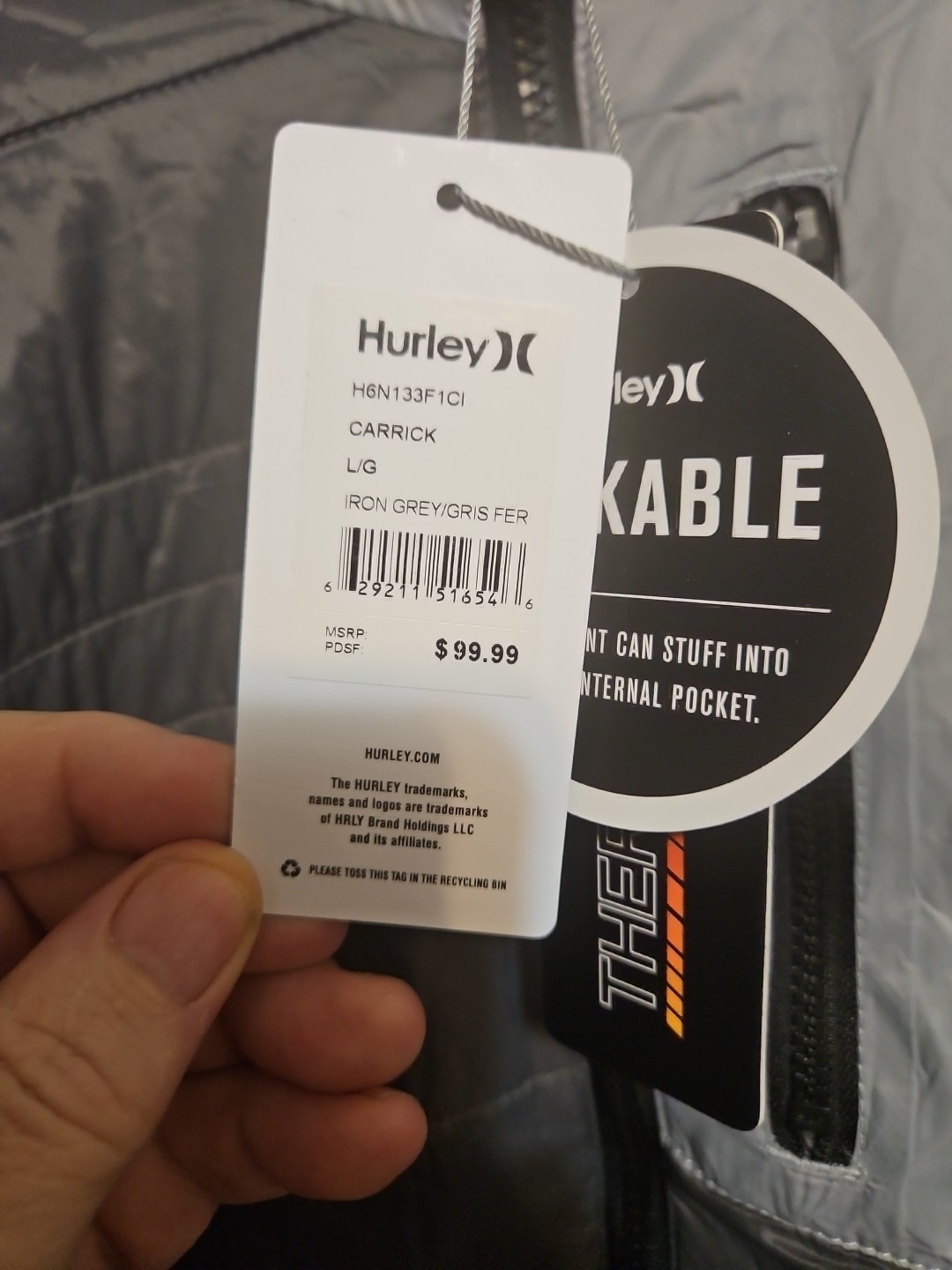 Hurley Carrick Men’s Size L Packable Lined Full Zip Gray Hooded Jacket New