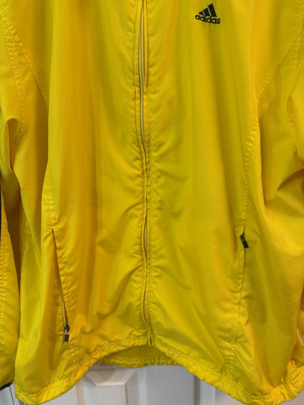 Adidas Windbreaker Jacket Mens Medium Yellow Navy 3 Stripe Hooded Y2K 2005