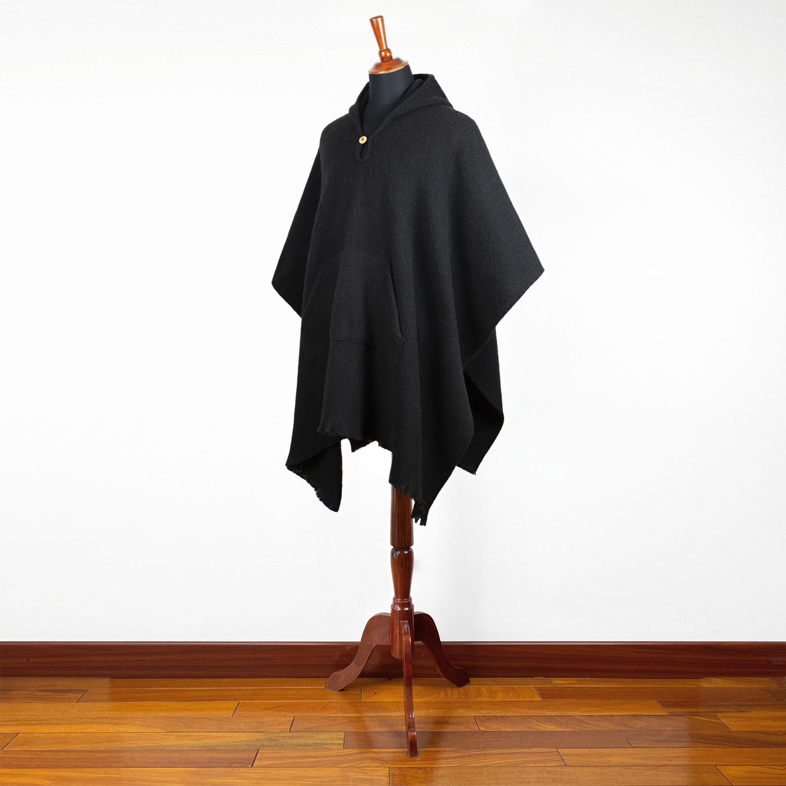 LLAMA WOOL BLACK MENS UNISEX LADY JEDI CAPE PONCHO JACKET WITH POCKET OTAVALO