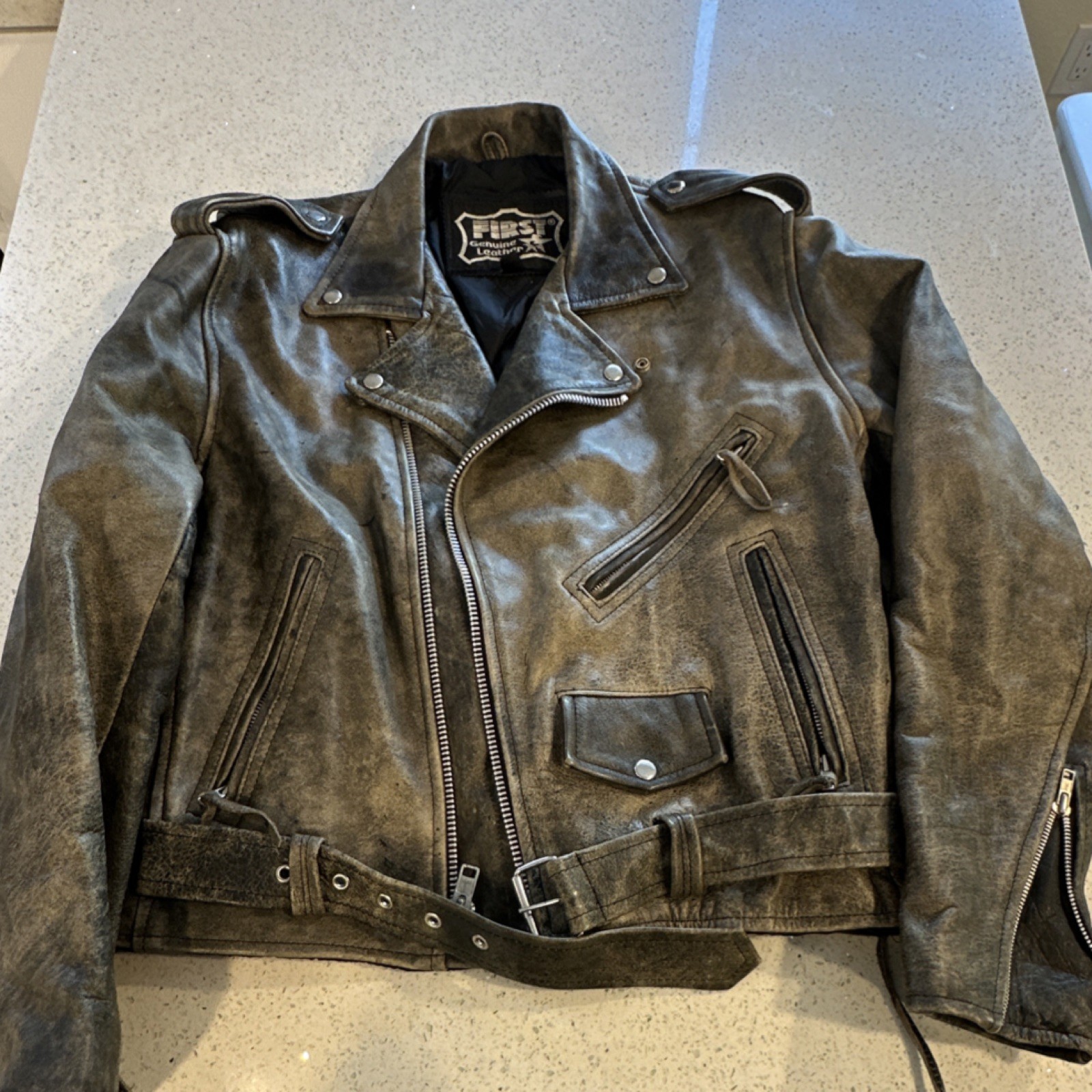 First Black Biker Jacket Men’s Size 44 Zipper Belt Button Epaulette Lace-Up