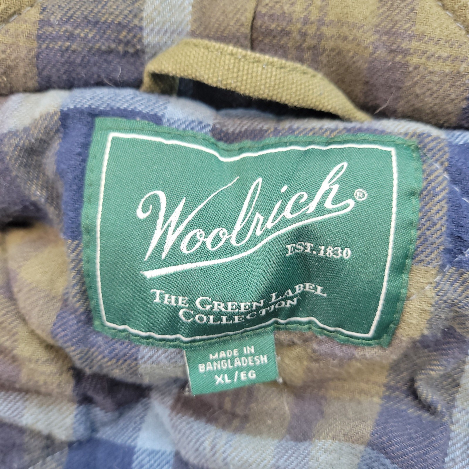 Woolrich Hooded Work Jacket Mens XL Green Canvas Plaid Lined Quilted Full Zip