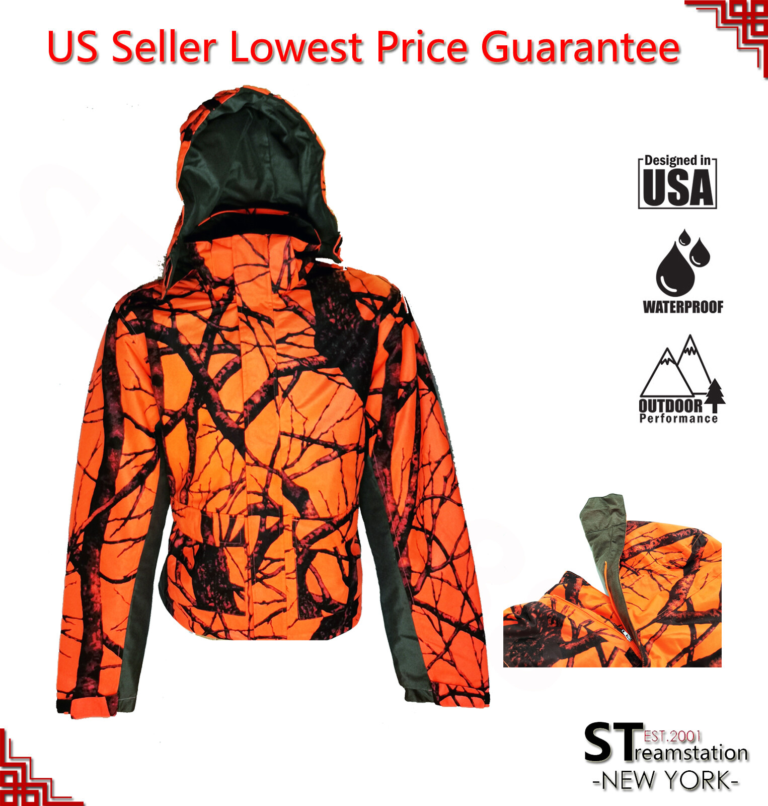 Orange Camo Men’s Hunting Jacket Winter Blazer Lined Hiking Coat Hood Removable