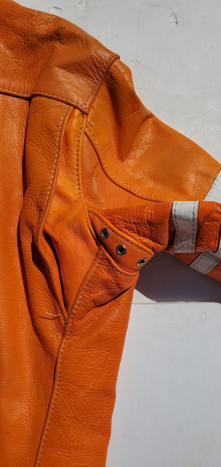 Vtg Bates Leather Motorcycle Racing Jacket Harley Orange w Stripes 1960’s L Cafe