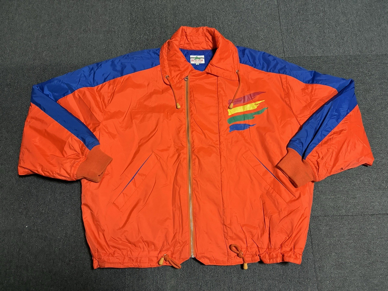 Benetton Formula 1 Racing Team Nylon Jacket Size 48 Japanese XL Orange Blue Vtg