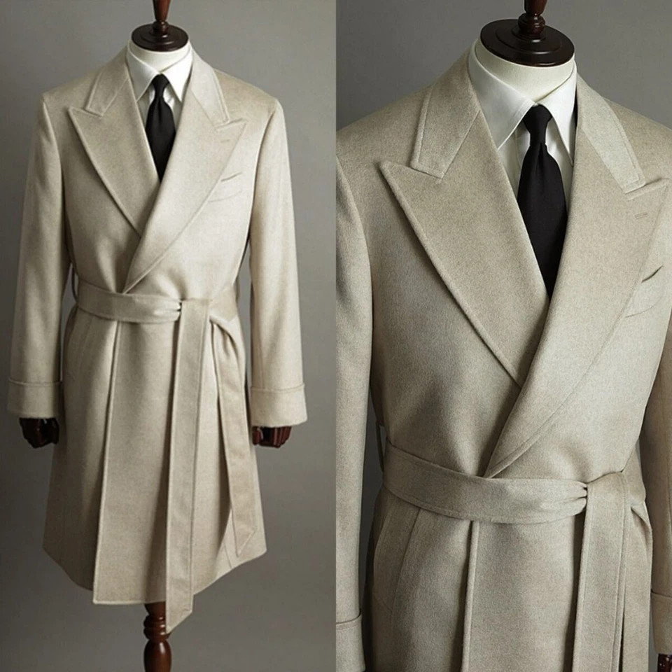 Solid Color Winter Wool Tweed Coat for Men’s Thick Overcoat Warm Coat with Belt