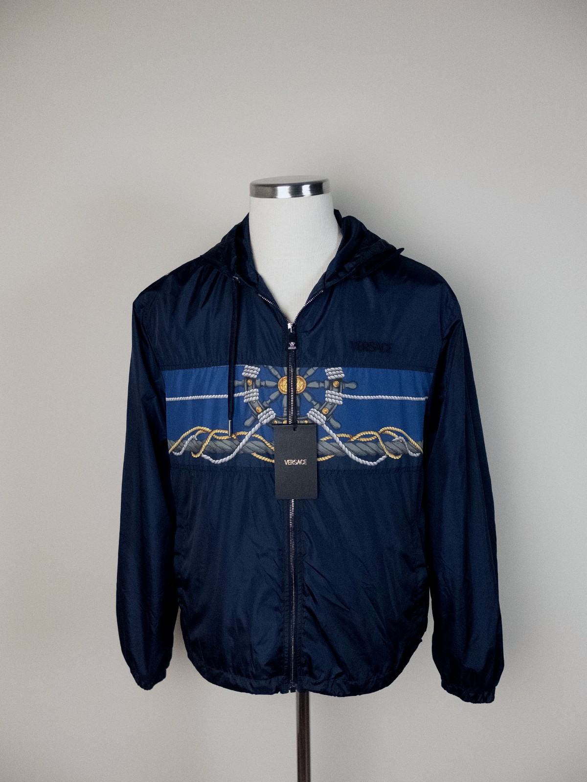 (NO CUSTOMS TAX) VERSACE navy blue Nautical nylon windbreaker Size Medium