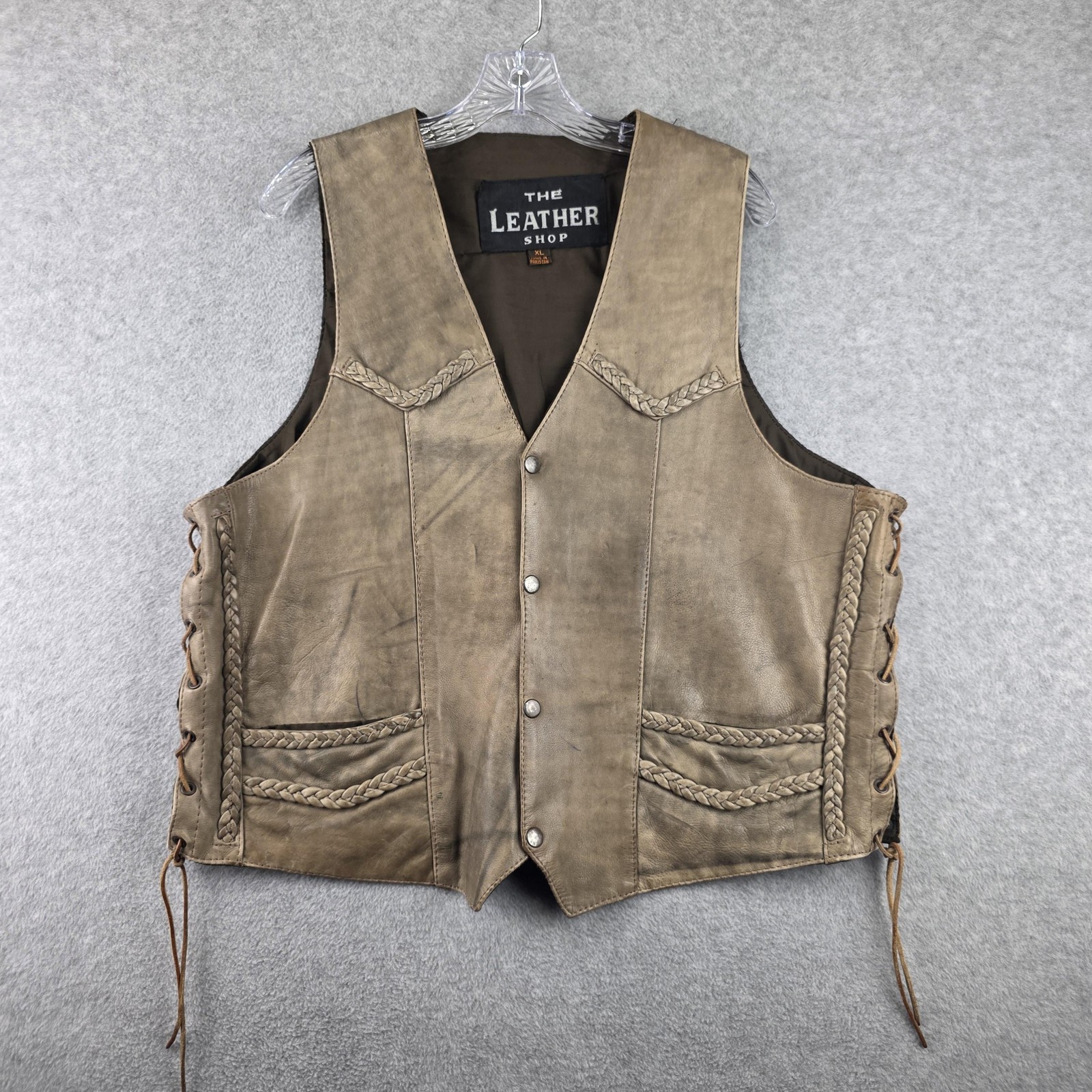 The Leather Shop Vest Mens XL Brown Leather Eagle Scenic Biker Lace Up Vest