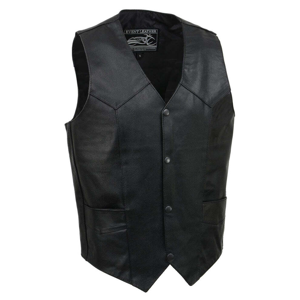 Event Leather EL5310 Men’s Classic V-Neck Black Leather Motorcycle Riding Vest