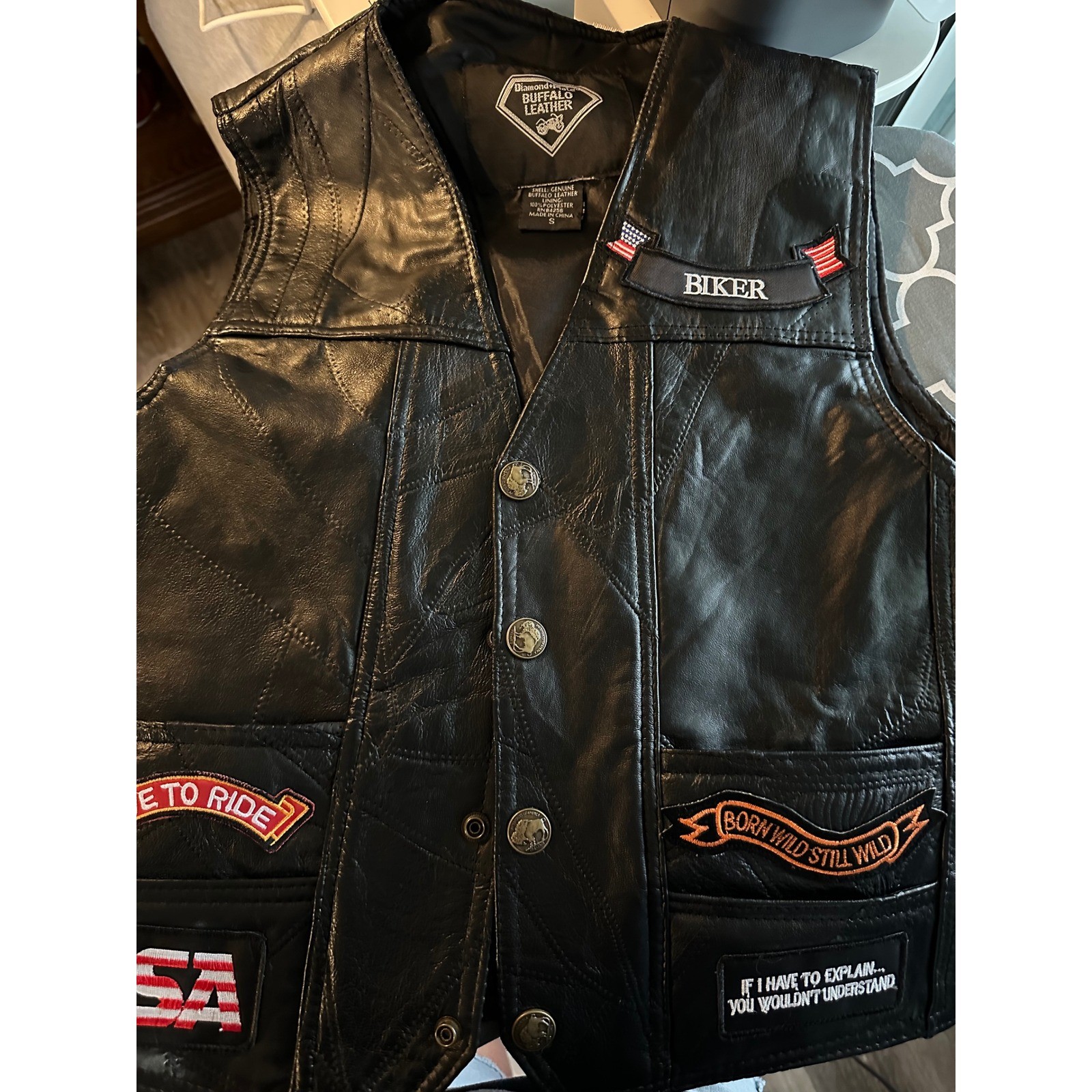 Diamond Plate Buffalo Leather Biker Vest Mens S Black Patches Lace Up Motorcycle