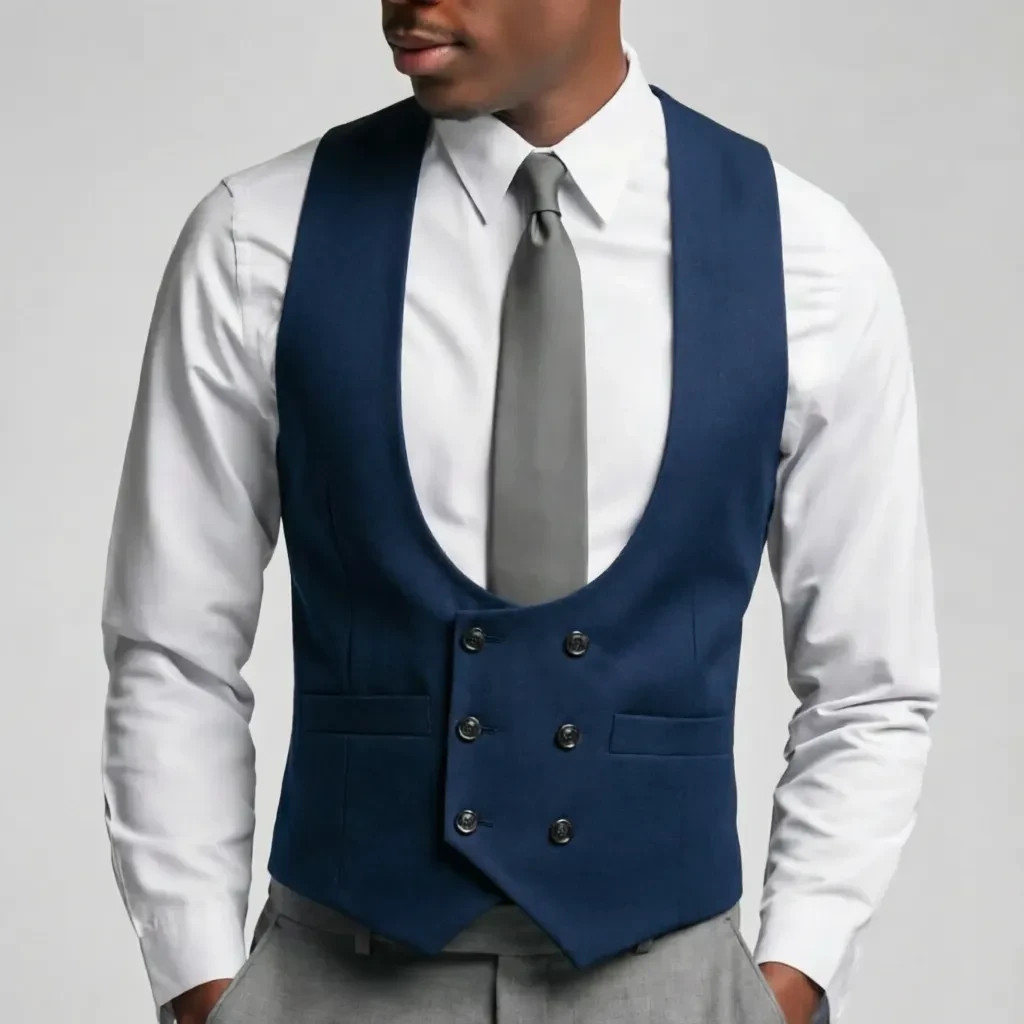 Slim Fit Men’s Deep U Neck Double Breasted Suit Vest Business Dress Waistcoat
