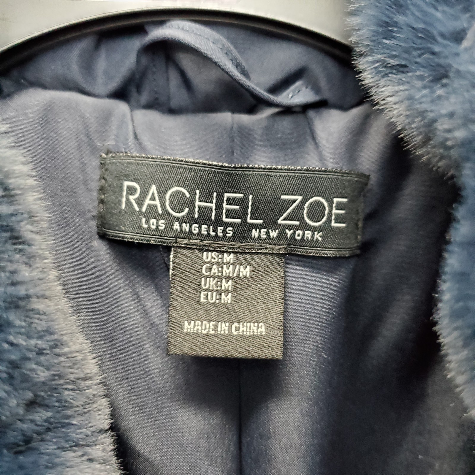 Rachel Zoe Faux Fur Jacket Mens M Navy Lined Fuzzy Hooded Drawstring Full Zip