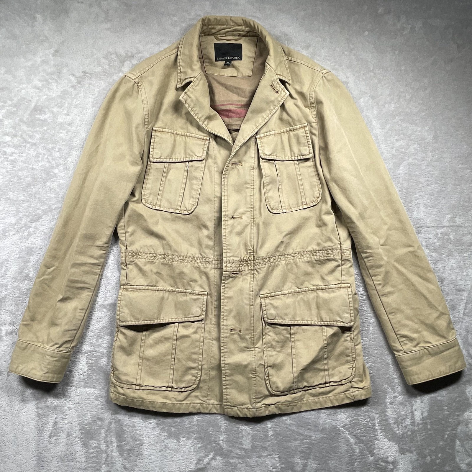Banana Republic Jacket Mens Medium Beige Linen Canvas Military Pockets Safari