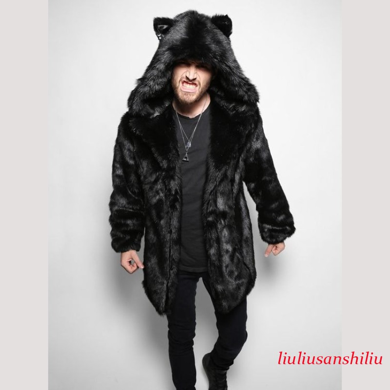 Mens Faux Fur Hooded Thick Warm Jackets Male Plush Fluffy Cardigan Casual Parka