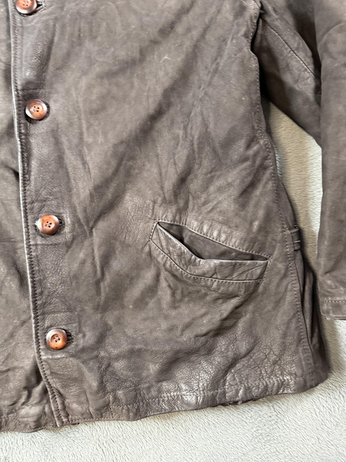 USED Leather Coat Mens 54 Brown Belted Button Front Quilted Overcoat Made Italy