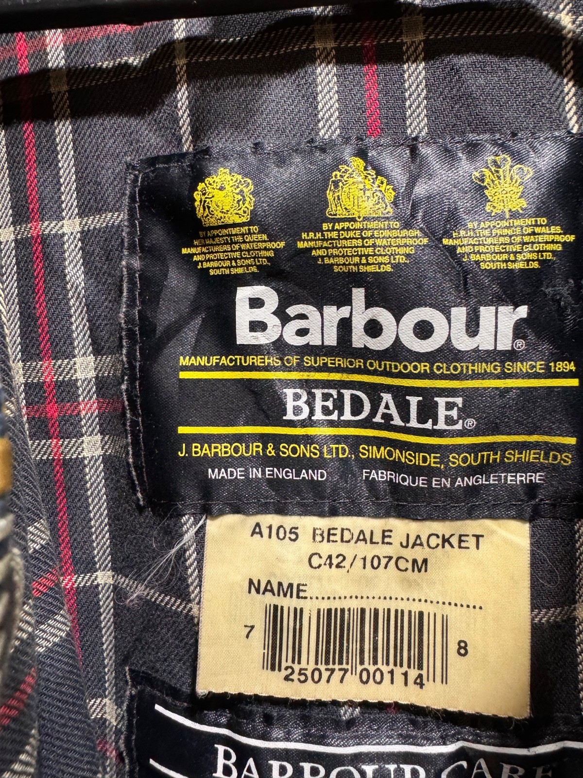 Barbour Bedale A105 Wax Jacket Made in England Size C42 /107CM ( Large)