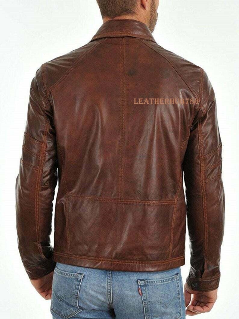Men Jacket Genuine Pure Brown Lambskin Leather Biker Motorcycle Party Wear 517
