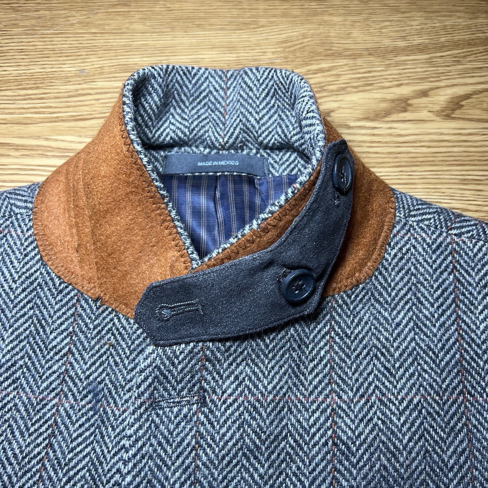 Joe Joseph Abboud Mens 44L Brown Herringbone Wool Sport Coat Blazer Elbow Patch