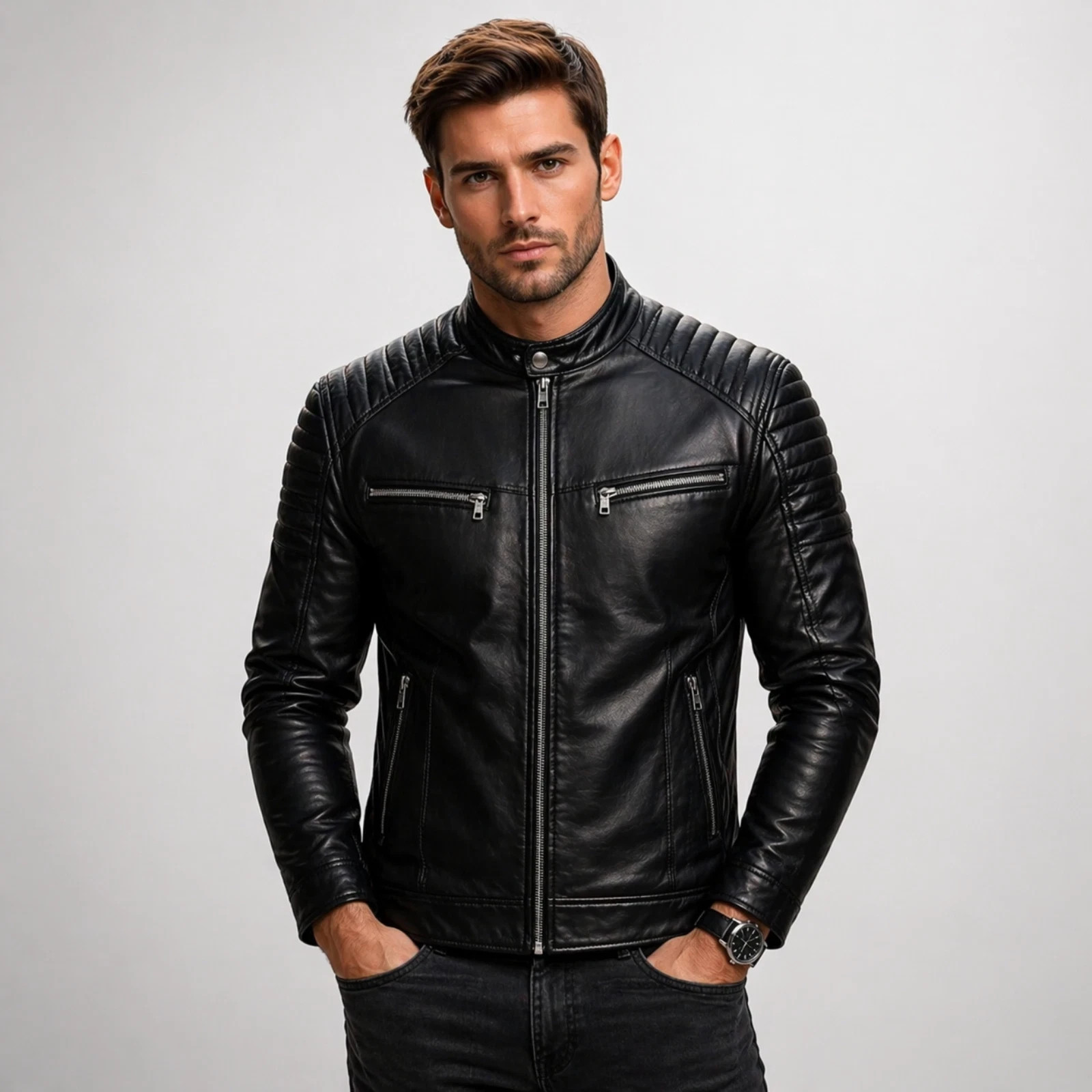 NEW Men’s Black Genuine Lambskin Leather Biker Jacket Moto Biker Size XS TO 3XL