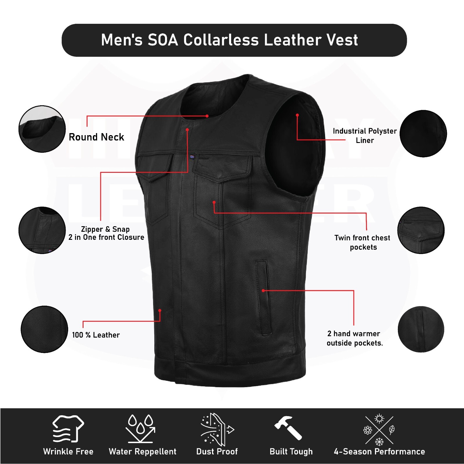 Men’s SOA Collarless Leather Vest Motorcycle Biker Club Concealed Carry Outlaws