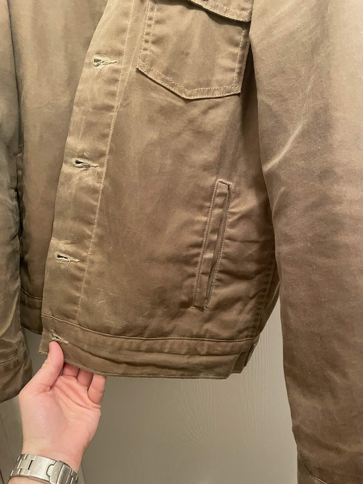 Flint and Tinder Flannel Lined Waxed Trucker Jacket Field Tan – Size Small