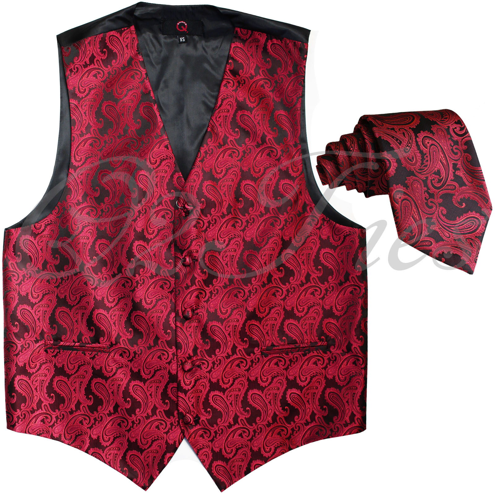 BLACK RED XS to 6XL Paisley Tuxedo Suit Dress Vest Waistcoat & Neck tie Wedding