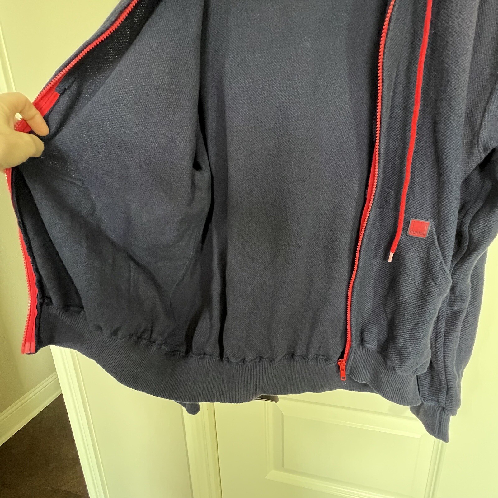VTG Dunhill Full Zip Jacket Mens M Navy Blue Red Hooded Waffle Knit Hong Kong