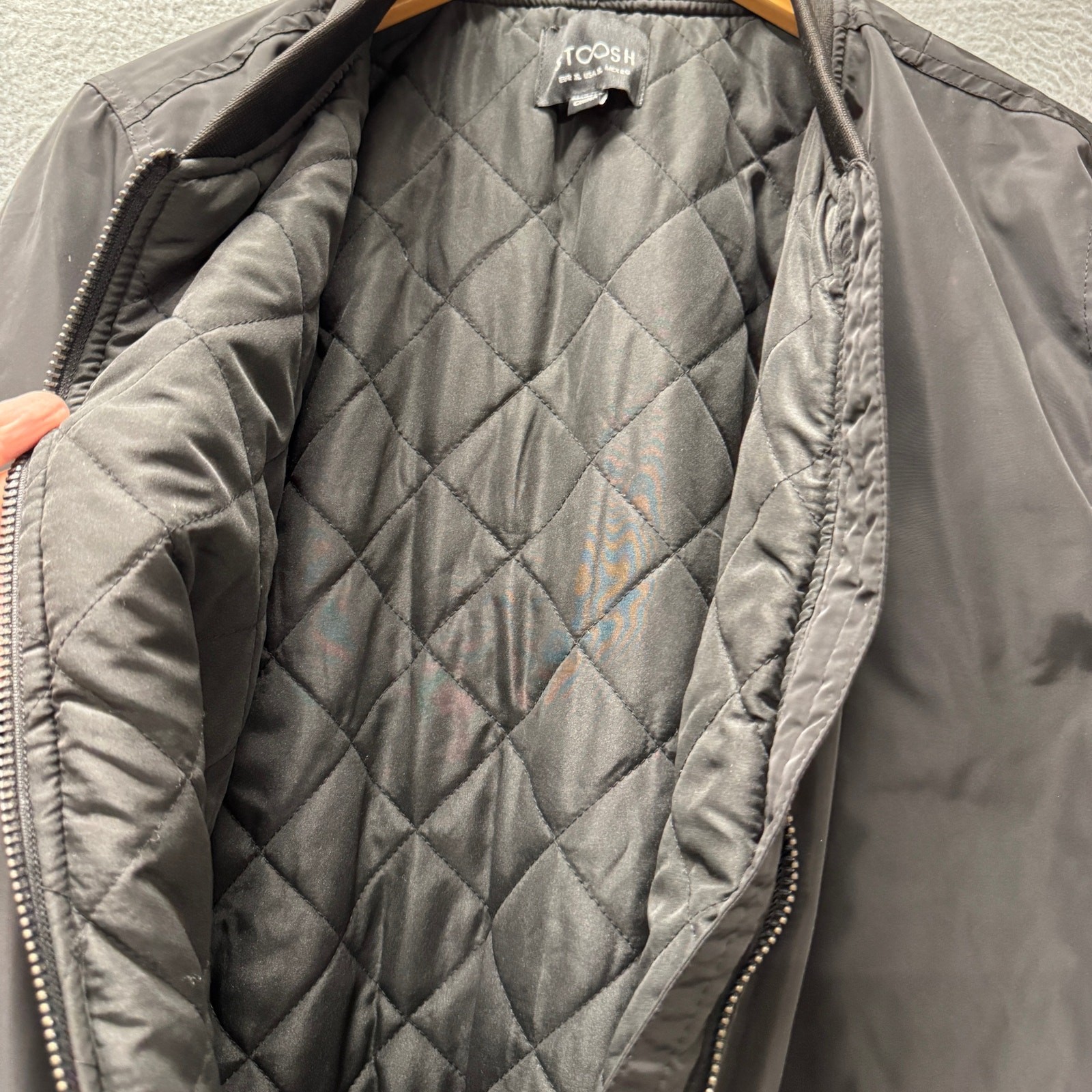 Stoosh Bomber Jacket Mens XL Black Full Zip Quilted Lining Snap Pockets Outdoor