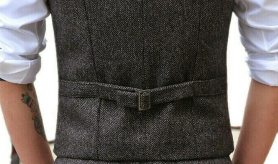 Men Double-Breasted Tweed Vest Herringbone Waistcoat Wedding Vintage Wool Lined